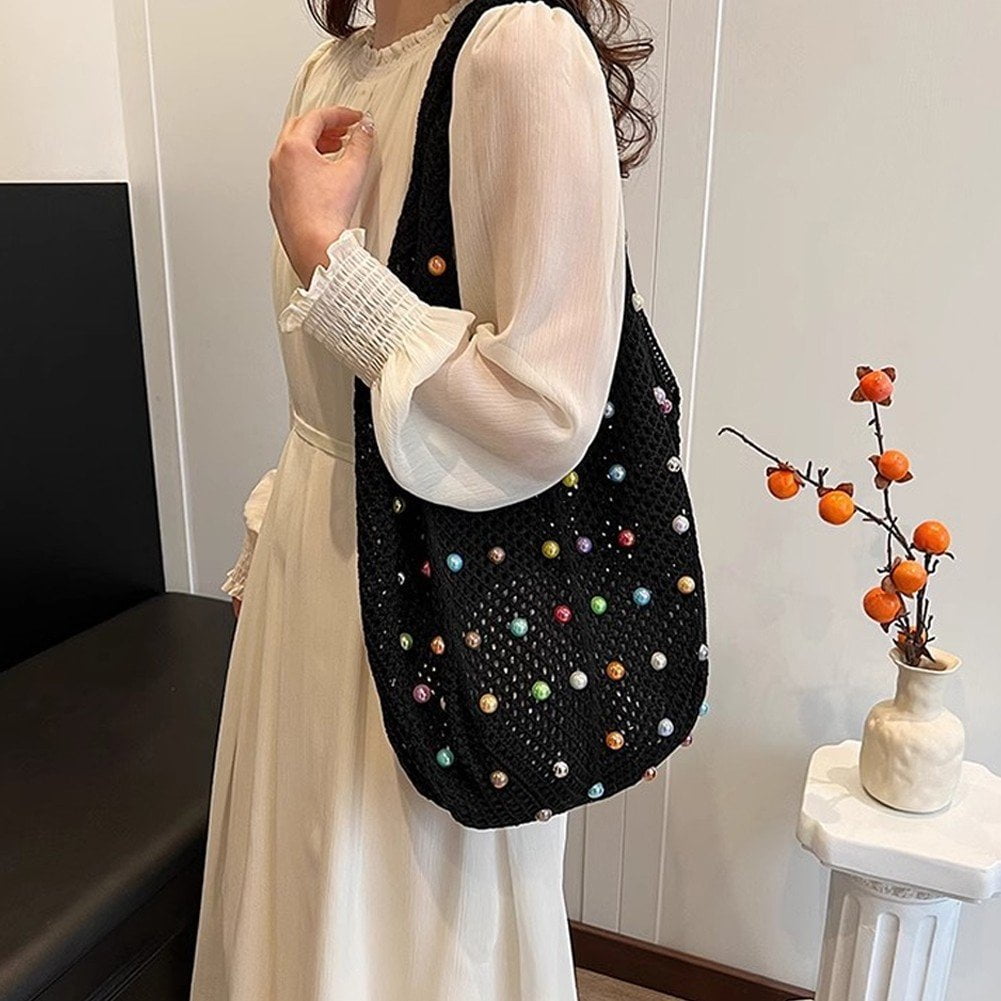 Jiibva Crochet Beach Bags Woven Travel Tote Boho Shoulder Bag Hollow Knitting Handbag Mesh Shoulder Bag Women Knitted Handbags for Holiday, Daily Work