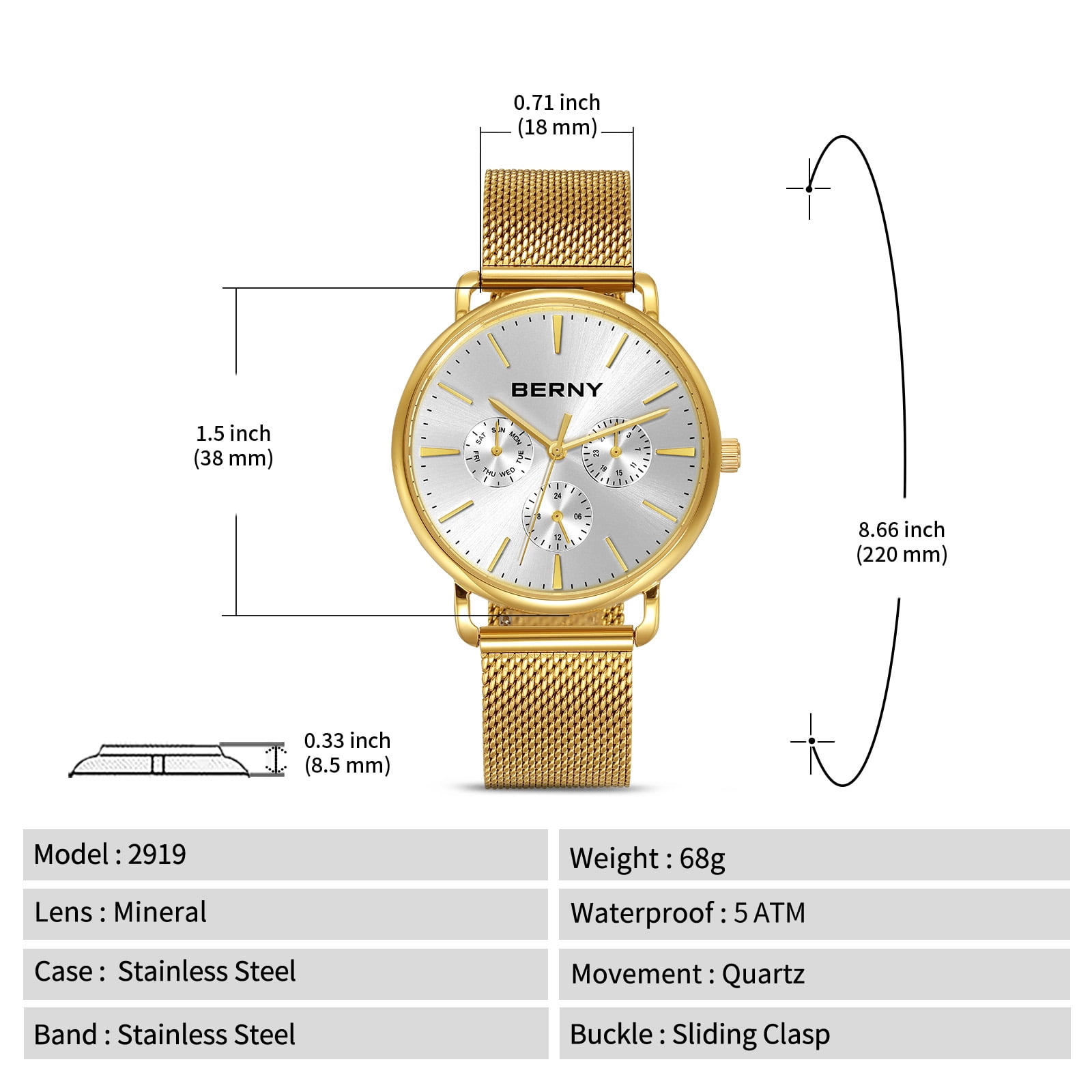 BERNY Quartz Watch for Unisex ( Men and Women), Classic Waterproof Men's Wirstwatch with Multifunctional Dials, Quick Release Stainless Steel Mesh Band,Gold &Silver