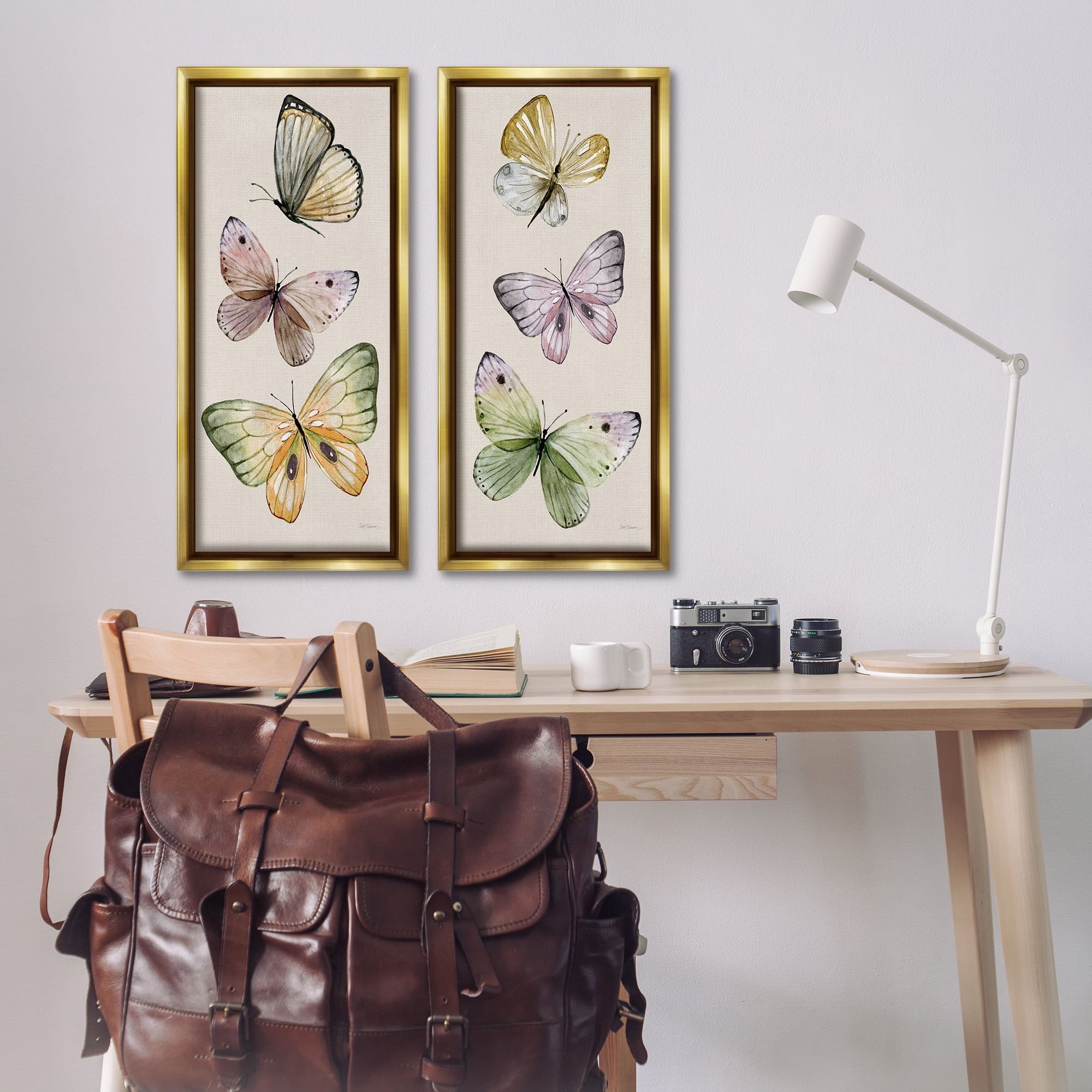 Stupell Industries Delicate Winged Butterfly Trio Animals Painting Gold Floater Framed Canvas Art Print Wall Art, 14 x 31, Set of 2