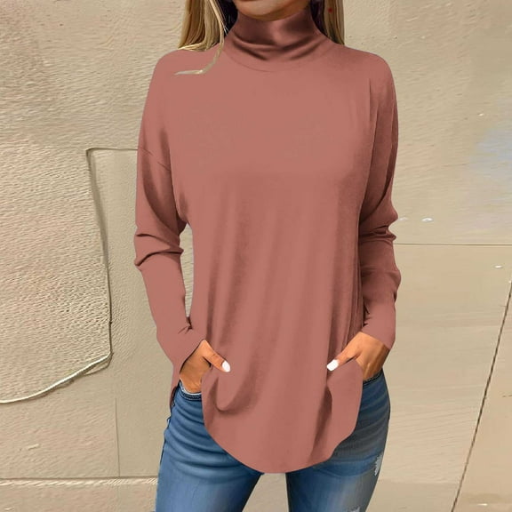 pimelu Long Sleeve Tops for Women Casual Pullover Tops for Women Spring Long Sleeve Turtleneck Lightweight Tunic Blouses Ladies Girls Trendy Solid Tee Shirts