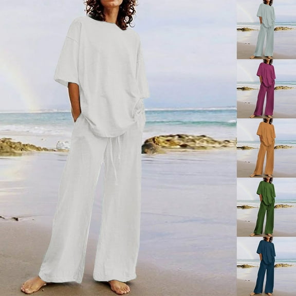 BiZtdJrK Women Plus Size Cotton Linen Sets Casual Summer Beach 2 Piece Outfits Shoulder Drop Short Sleeve Tops with Pants Vacation Sets with Pockets