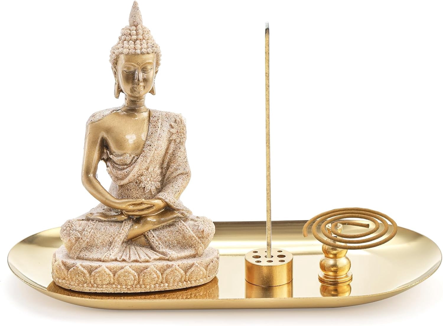 6 in 1 Brass Incense Burner Holder, Palo Santo & Sage Sticks Holder, Ash Catcher Tray with Buddha Statue for Coil Incense, Incense Cone & Stick, Meditation Accessories, Yoga Room Decor
