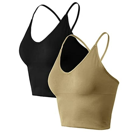

TL Women s Longline Wirefree Sports Bra - Medium Support Padded Crop Cami Workout Yoga Tops Black_Khaki Small to Medium