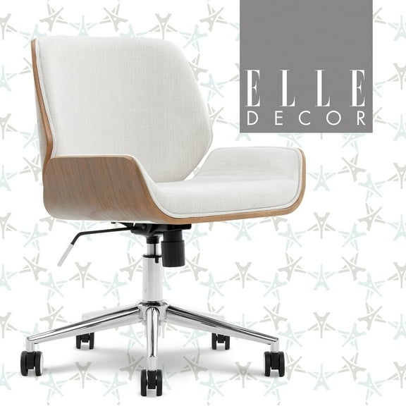 Elle Decor Ophelia Office Chair, Curved Bentwood Low-Back and Seat, Chrome Swivel Base, Woven Fabric, Ivory