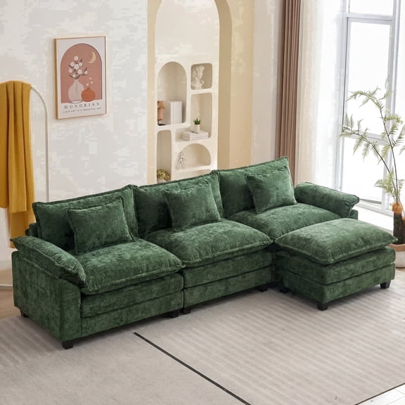 IPKIG Chenille Fabric 4-Seat Sectional Sofa with Matching Ottoman, Green