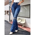 thumbnail image 2 of Women's High Waisted Straight Leg Jeans Distressed Dark Blue Denim Cuffed Casual Pants, 2 of 7