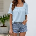 thumbnail image 4 of Camisa de manga corta con volantes de verano para mujer, camiseta linda con volantes, camiseta de manga corta de color puro para mujer, azul claro XL, 4 of 8