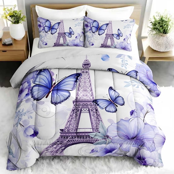 3pcs Eiffel Tower Butterfly Floral Comforter Set, Romantic Paris Bedding Set for Bedroom or Guest Room Decor, All Seasons Quilt Machine Washable Duvet with 2 Pillowcases