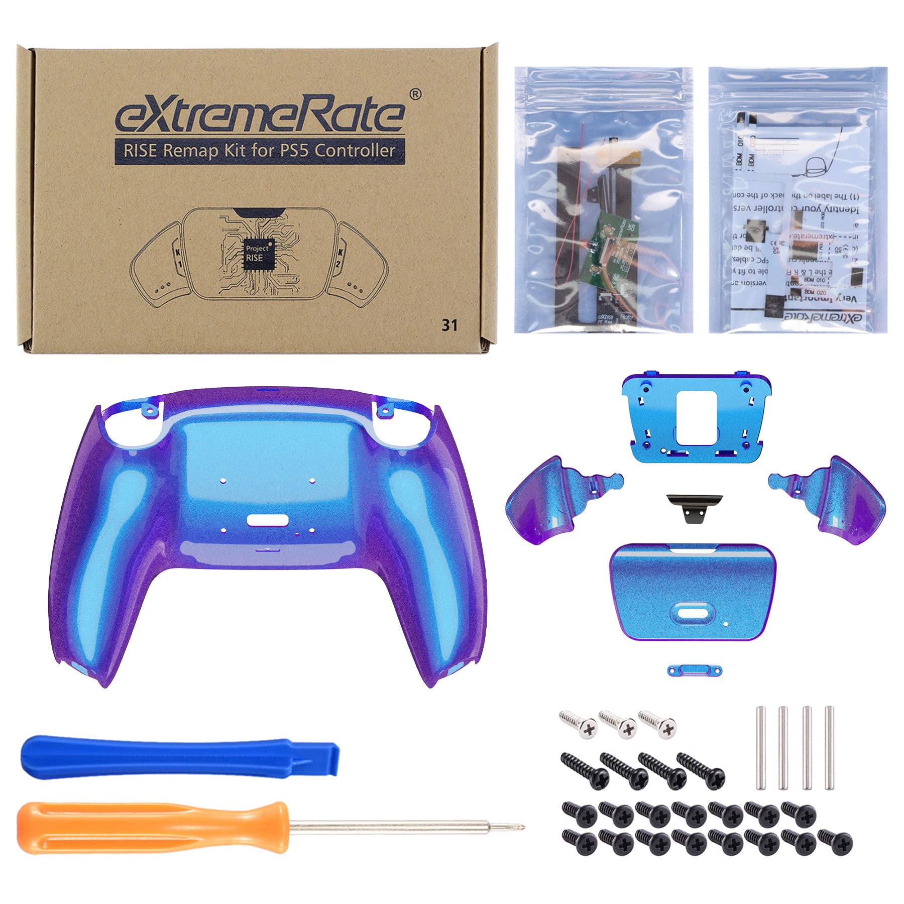 eXtremeRate Chameleon Purple Blue Upgrade Board & Back Shell w/Buttons for PS5 Controller BDM-010/020