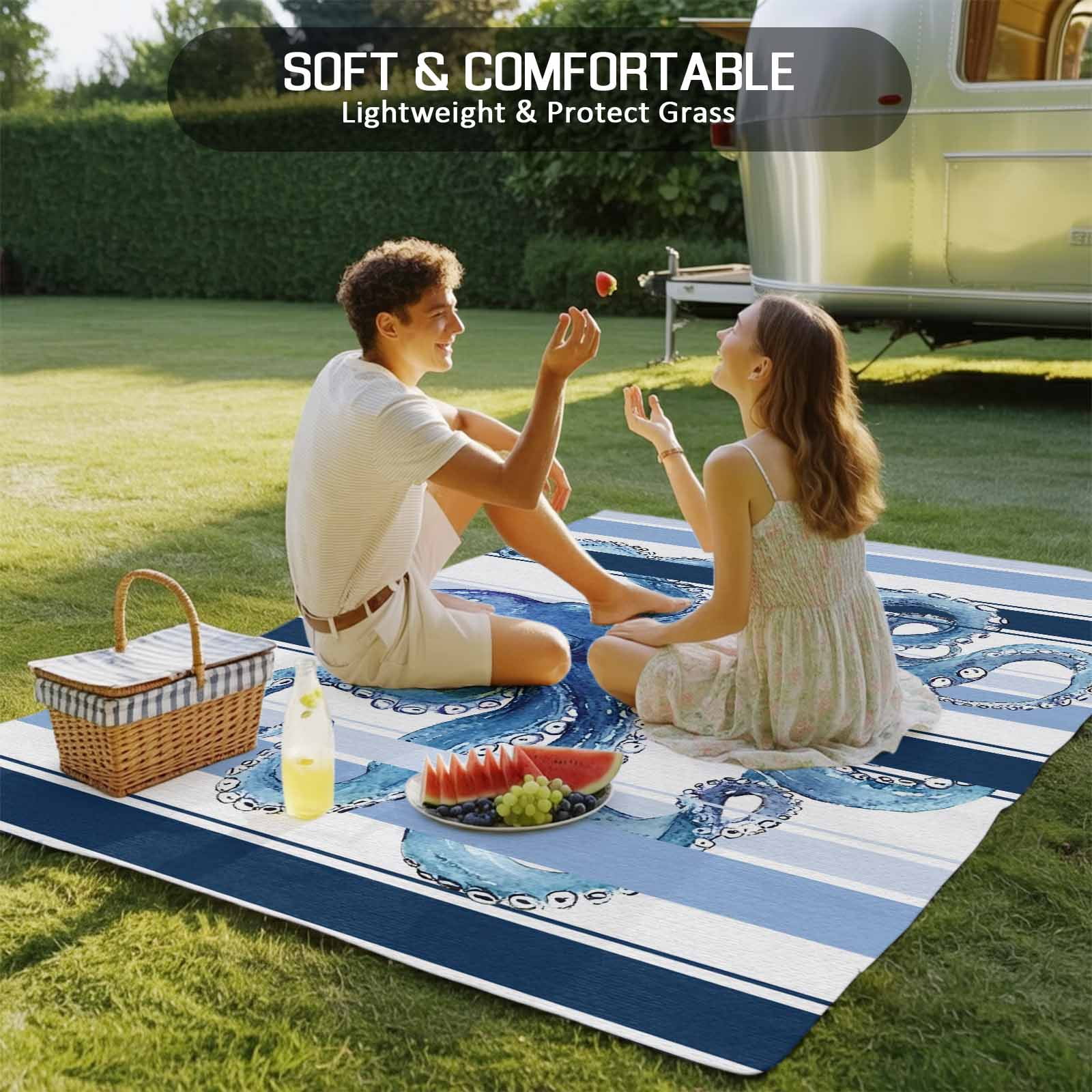 Fsddascl Ocean Octopus Outdoor Rug for Patio/Deck/Porch, Non-Slip Large Area Rug 4 x 6 Ft, Watercolor Navy Blue Aqua Stripe Modern Indoor Outdoor Rugs Washable Area Rugs, Camping Rug Carpet