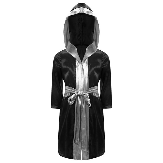 Yeahdor Enfants Garçons Robe de Boxe Art Martial Muay Thaï Uniforme Manches Longues Coup de Pied Boxe Robe à Capuche Ensembles Noir&Argent A 14