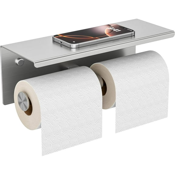 Double Tier Toilet Paper Holder with Shelves, Bathroom Wall Mounted Paper Towel Roll Holder, Stainless Steel Commercial Toilet Paper Dispenser with Phone Holder, Brushed Nickel