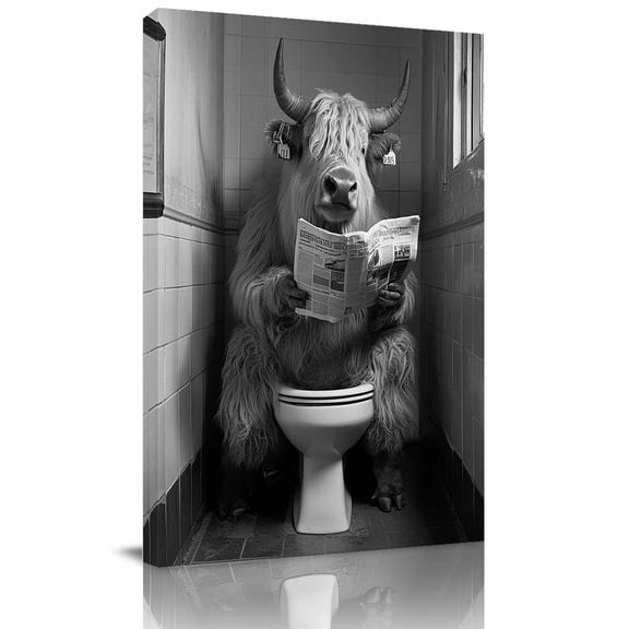 Modern Black Highland Cow Wall Art Bathroom Wall Decor Cute Funny Animals Canvas Ready to Hang for Guest Bathroom, Hotel, 12”x18”