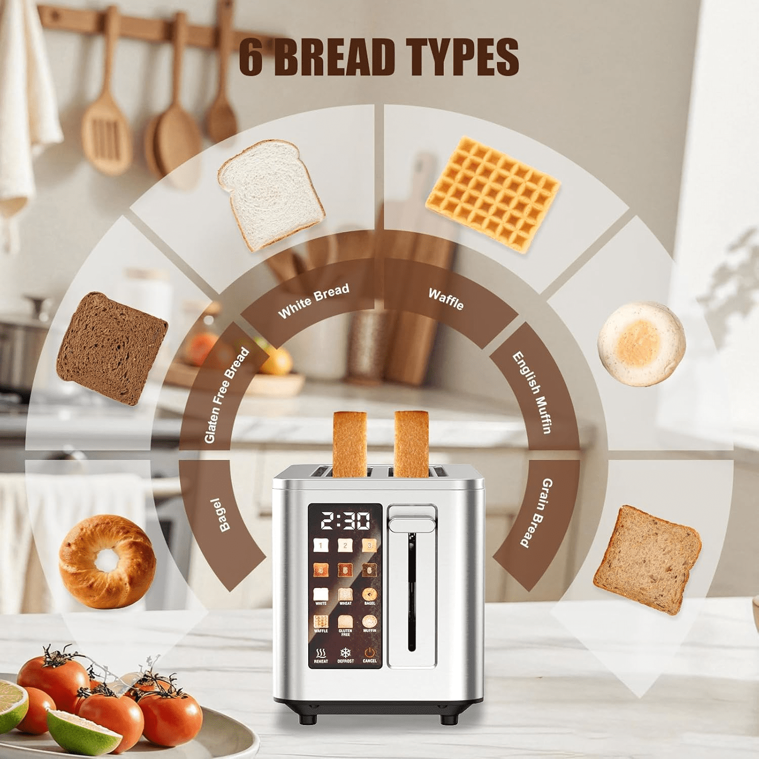 Digital 2 Slice Toaster, Stainless Steel Touchscreen Bread Toaster with LED Countdown Timer, 1.5" Extra Wide Slots, 6 Bread Types & 6 Shade Settings, Defrost/Reheat/Cancel Functions, Silver