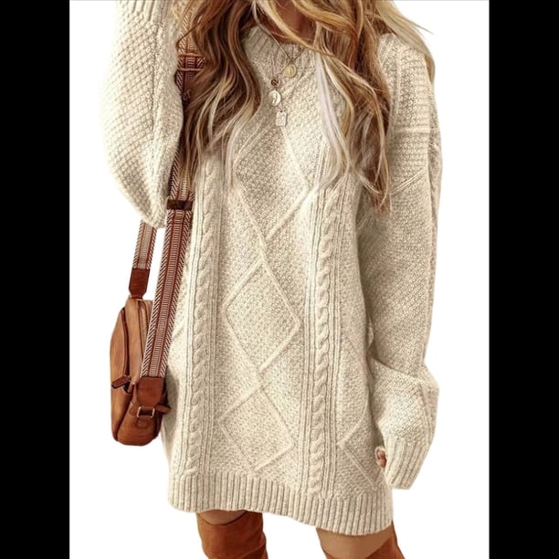 Vestido Minisuéter Holgado de Larga con Cuello Redondo y Punto para Mujer, Estilo Informal, para Otoño e Invierno. S