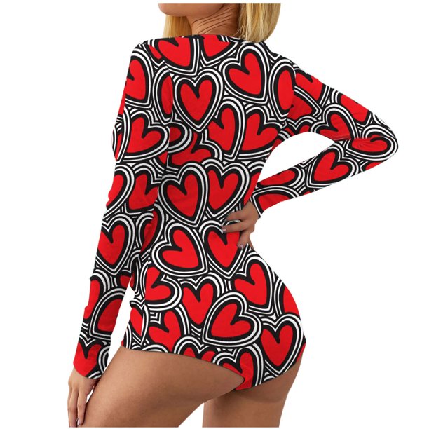 Body Sexy de manga larga con cuello en V y estampado sin posición para el Día de San Valentín para mujer, lencería Sexy, pijama, mono Fridja nalpqowj17930