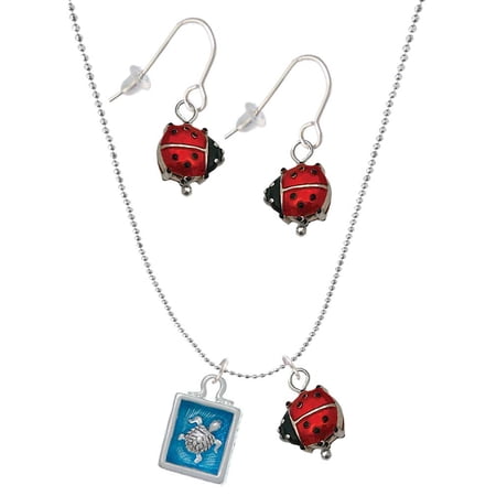 Delight Jewelry Silvertone Sea Turtle in Shadow Box Red Lucky Ladybug Necklace and Dangle Earrings Set