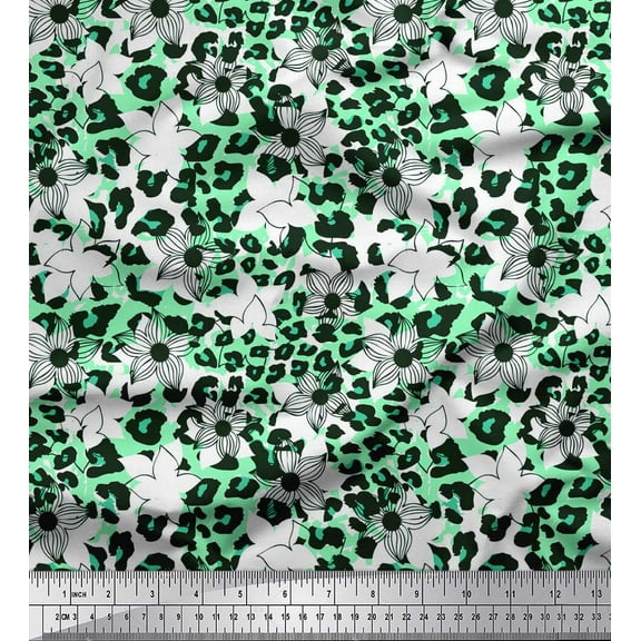 Soimoi Green Cotton Duck Fabric Floral & Leopard Animal Skin Print Fabric by Yard 42 Inch Wide