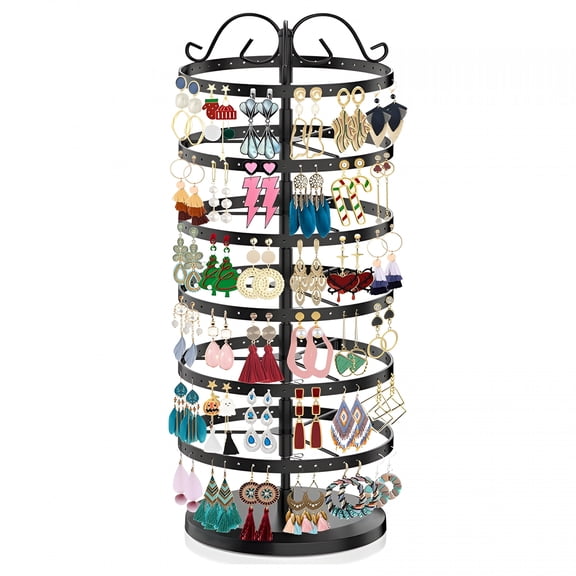 LAMIRO 6 Tier Metal Rotating Earring Holder Organizer, 264 Holes Earring Storage Display Tower Rack, Adjustable Earring Tree Organizer for Women Girl (Black)