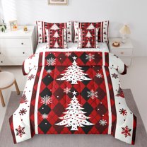 Castle Fairy Christmas Tree Snowflake 7-Piece Bedding Comforter Set for Women Men Teens,Happy New Year King Bedding Sets,Geometric Plaid Grid Ultra Soft Bed Sheets,Super Cozy Room Decor