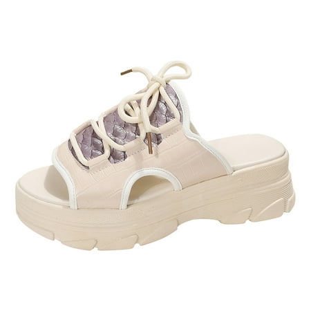 OJSFQUFP Sandals for Women Ladies Summer Lace Up Decorate Slip On Casual Open Toe Wedges Comfortable Beach Shoes Sandals Slippers Ladies Slippers Beige 37