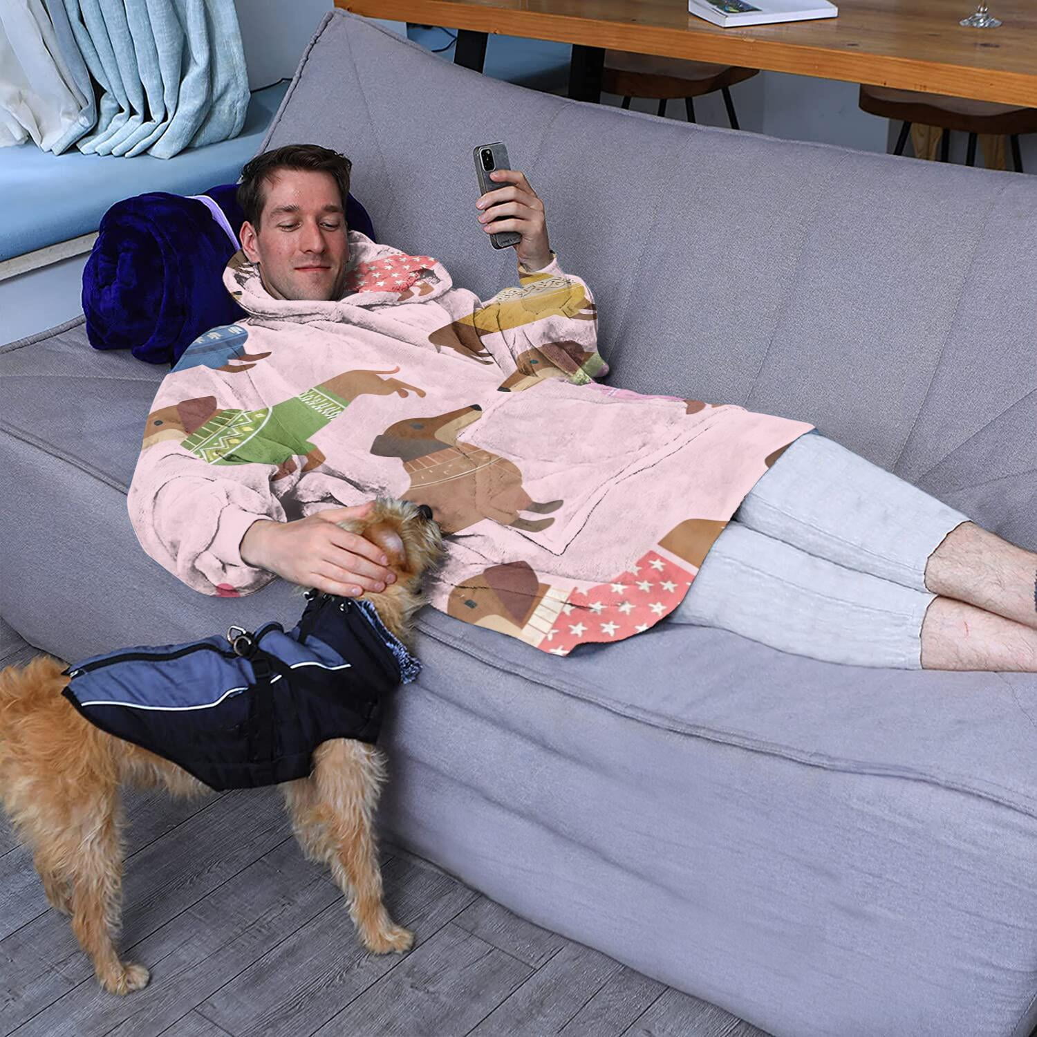 Colorful Funny Dachshund Wearable Oversized Blanket,Wearable Blanket Hoodie for Adults,Cozy Hooded Blankets with Super Pockets,Super Warm Fuzzy Pullover for Women & Men
