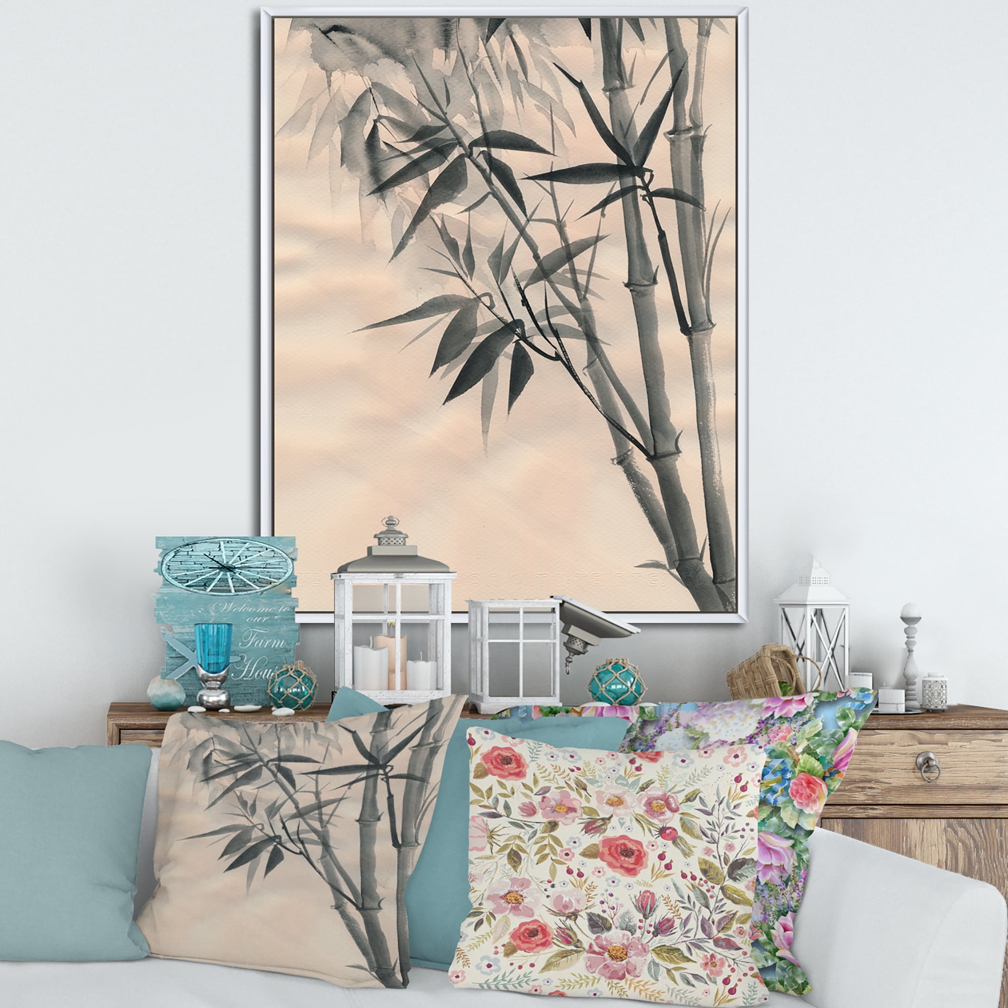 Designart 'Vintage Black and White Bamboo I' Traditional Framed Canvas Wall Art Print