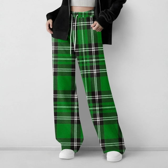 Cowsor Girls Casual Pants Plaid Stretch Comfy Lounge Pants Drawstring Waist with Pockets