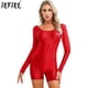 thumbnail image 2 of Traje de baño brillante para mujer, peleles de Color sólido, elástico, cuello redondo, Mono corto ajustado, Yoga, culturismo, gimnasio y Fitness, 2 of 5