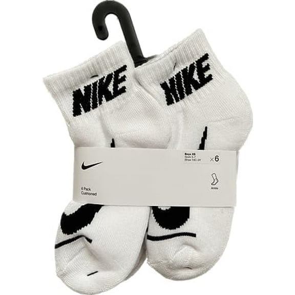 Nike Boy's Cushioned Dri-Fit Cotton Everyday Quarter Ankle Socks (6 Pairs), XS, Kid's Shoe Size 10c-3y, Kid's Sock Size 5-7