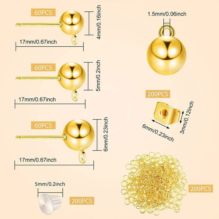 780 Pieces 3 Sizes Ball Post Earring Studs with Loop 4 mm 5 mm 6 mm Round  Ball Earring Posts, Butterfly Earring Backs, Silicone Clear Earring Backs,  Open Jump Rings for DIY Jewelry (Gold) 