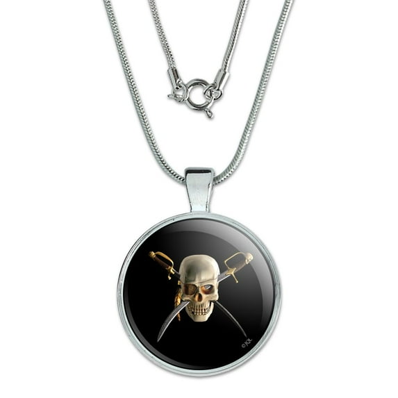 Pirate Skull Crossed Swords Patch 1" Pendant with Sterling Silver Plated Chain