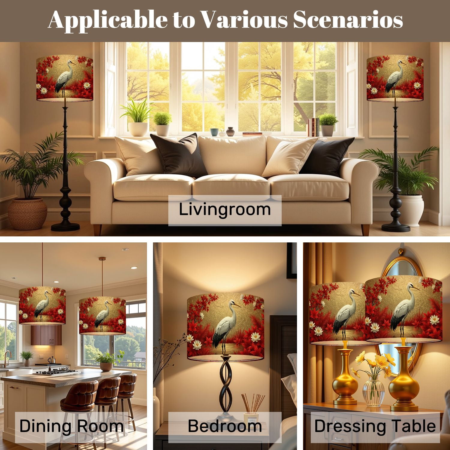 Lampshades 2 Pack Elegant White Crane Wildlife Oriental Red Maple Leaves Lotus 13"x13"x10" Light Shade for Table Lamps Floor Lamp Shades Lampshade Replacement Easy Assembly