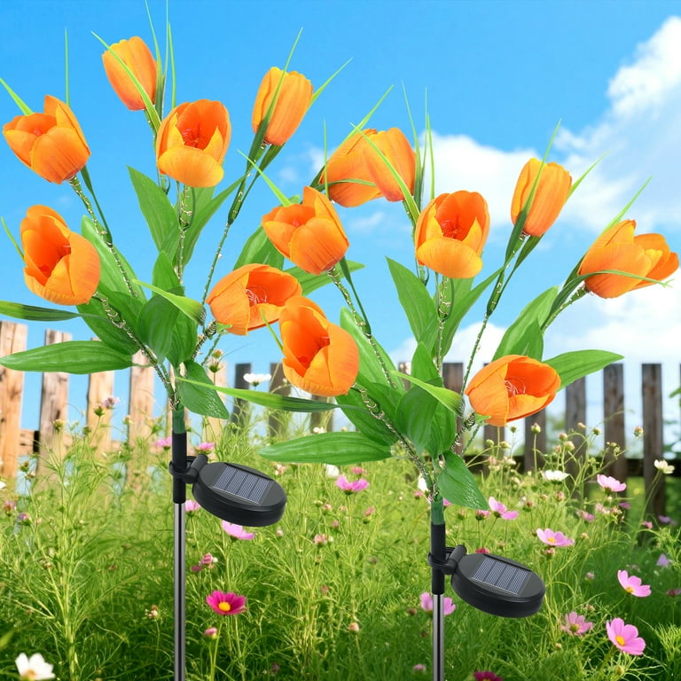 Qoosea Solar Tulip Garden Lights – 2-Pack With 14 Flowers & 49 LEDs, Waterproof, Dual Glow/Twinkle Modes (Purple)