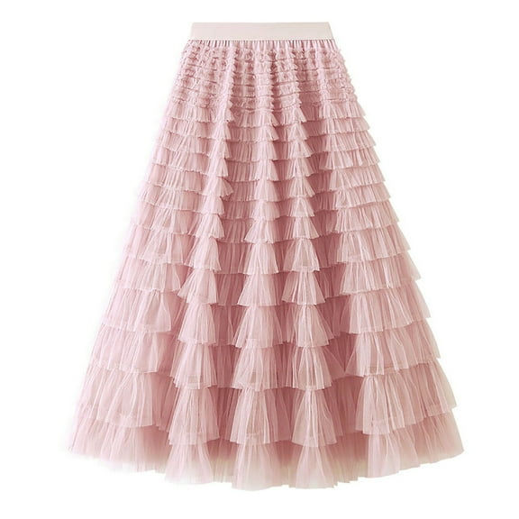 IROINNID tail Elastic Waist Skirt For Women Ruffled Mesh Skirt High Waist Prom Poached Skirt Half Skirt Solid Color Skirt