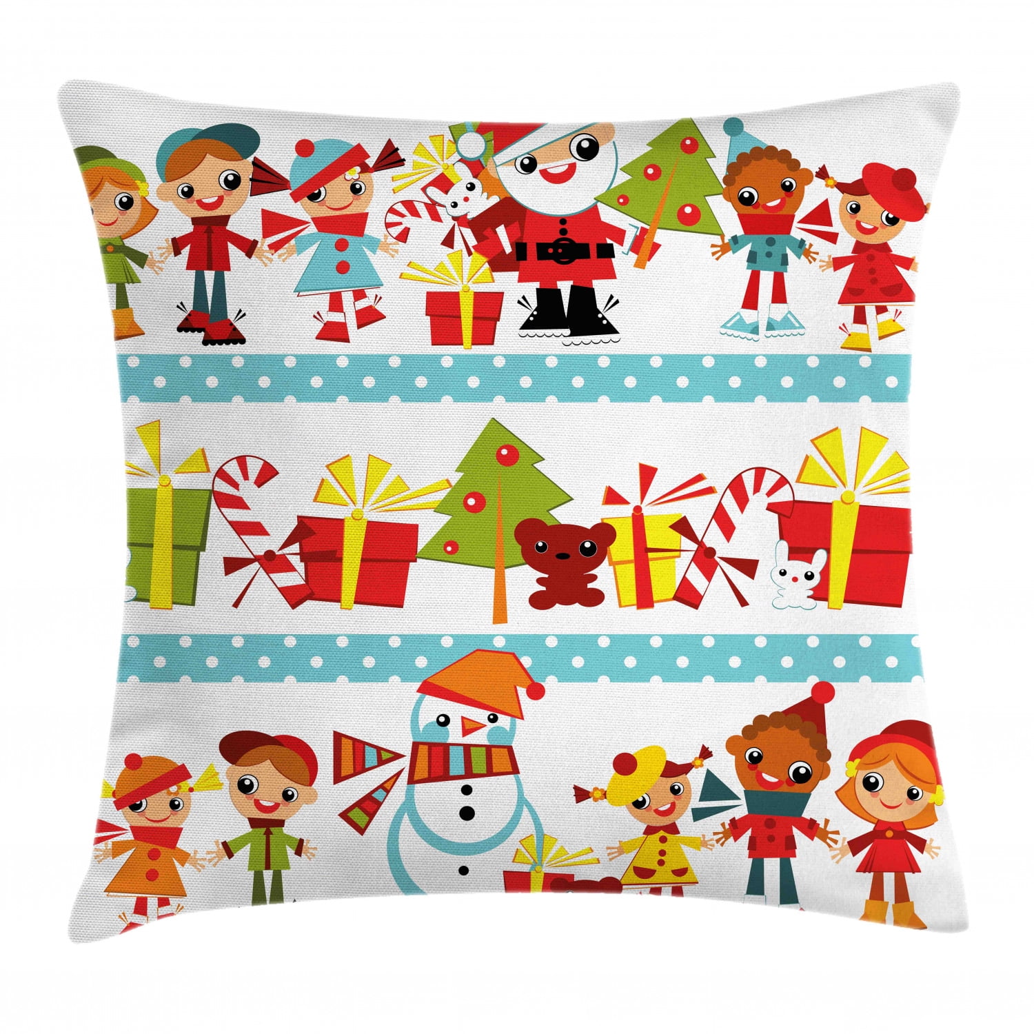 Kids Christmas Throw Pillow Cushion Cover, Santa Giving Surprise Presents to Joyful Children From Around the World, Decorative Square Accent Pillow Case, 24 X 24 Inches, Multicolor, by Ambesonne