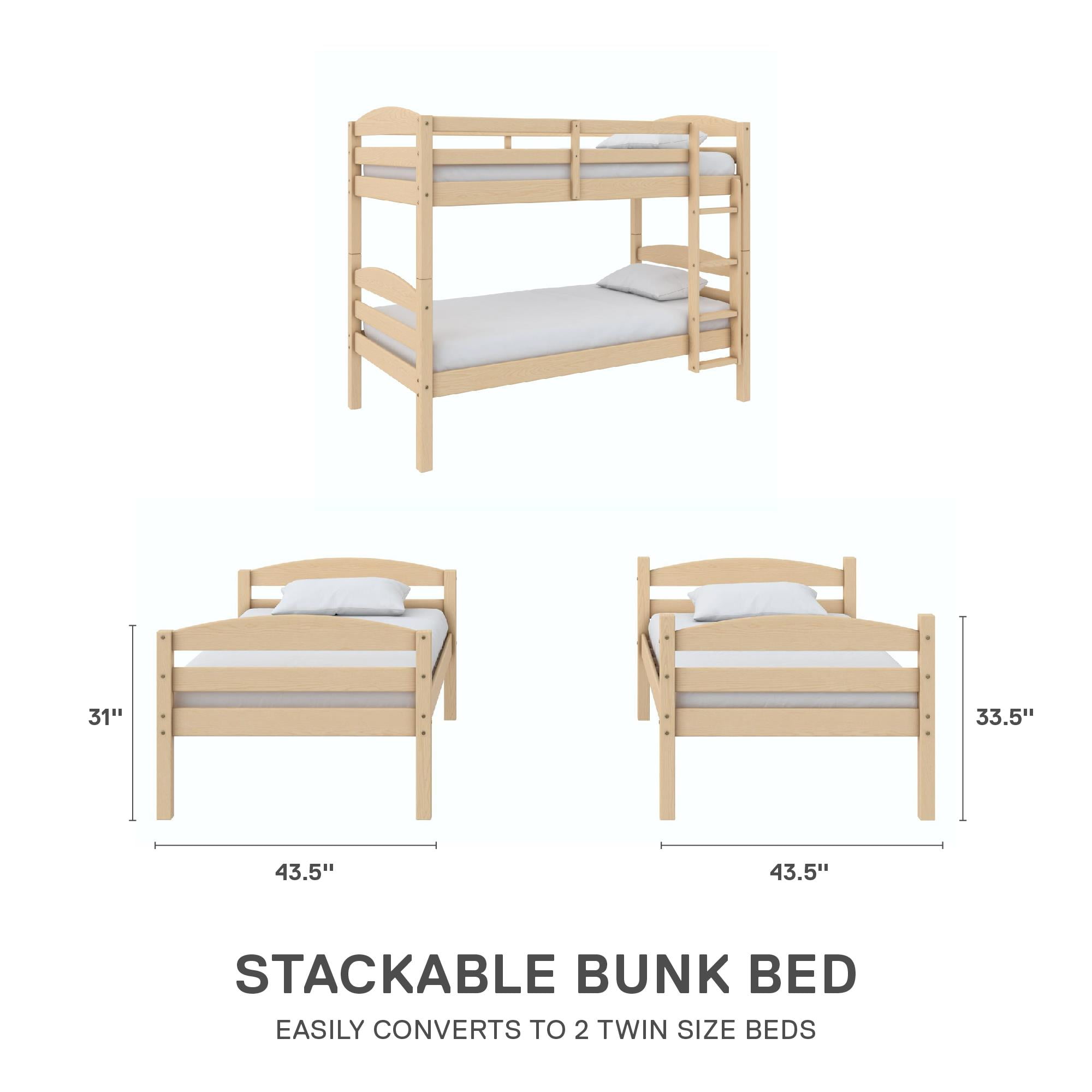 Better Homes & Gardens Leighton Kids Solid Wood Twin-over-Twin Convertible Bunk Bed with Ladder and Guardrails, Natural Pine