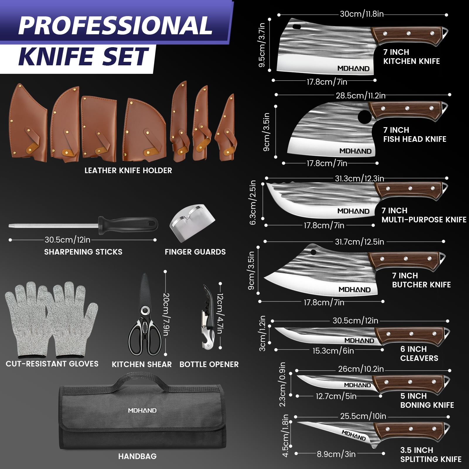 DFITO 14PCS Professional Butcher Knife Set with Roll Bag, Heavy Duty Meat Cleaver, Boning Knife, Hand Forged Chef Knife Set, Meat Cutting Knife for Kitchen, Gift for Men, BBQ, Camping(Stripe)