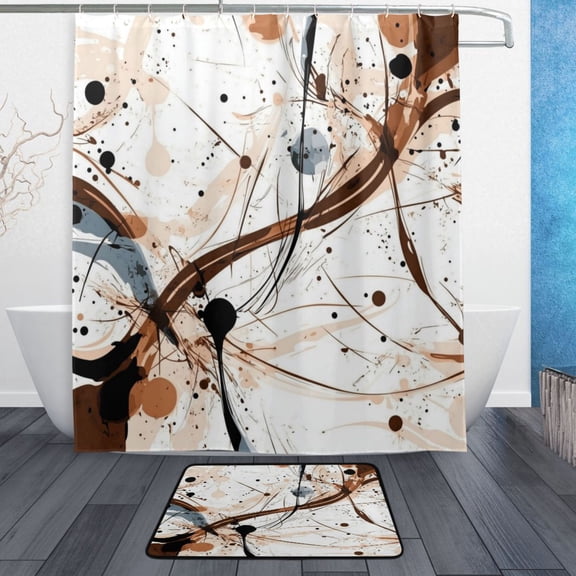Bath Curtain & Non-Slip Bath Mat Set 12-Grommet Shower Curtain Memory Foam Bath Rug Brown and Beige Abstract Background