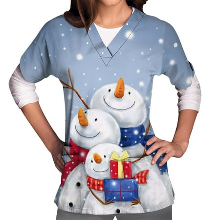 

qucoqpe Women s Christmas Costume V-Neck Short Sleeve Nursing Uniform Xmas Tree Santa Snowman Deer Printed Workwear Holiday Graphic Tees Blouse Scrub Tops with Pockets Christmas Gifts on Clearance