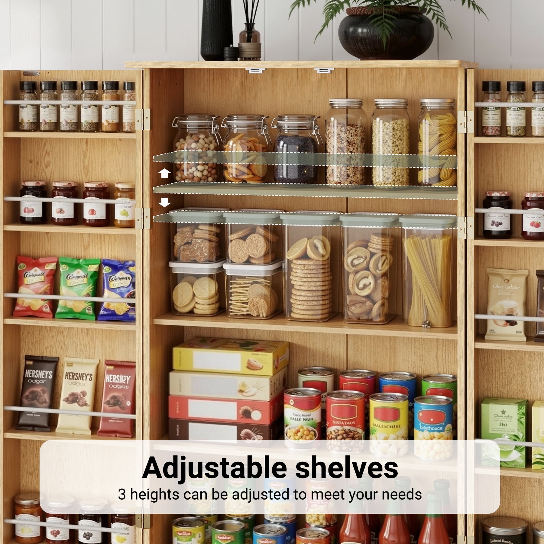 MOONMISS 72"H Kitchen Pantry Cabinet with 2 Doors and 2 Drawers, Solid & Strudy, Large Storage Cabinet with Fluted Barn Door and Adjustable Shelves for Kitchen, Entryway-Natural Wood