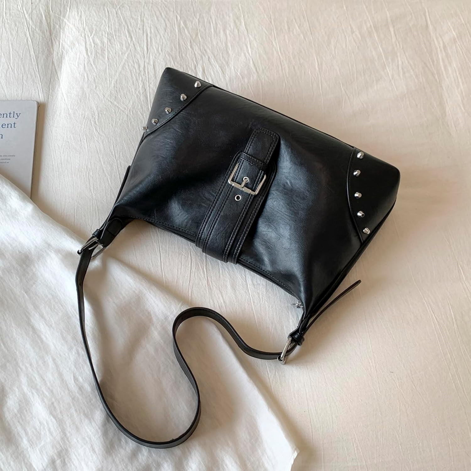 SPEKSEE Retro Motocycle Shoulder Bag with Belt Rivet Crossbody Bag for Women