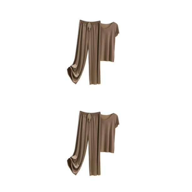 Conjunto de pijama de seda helada Qarigey para mujer camiseta con cuello en V pantalones holgados drapeados caqui oscuro 4XL
