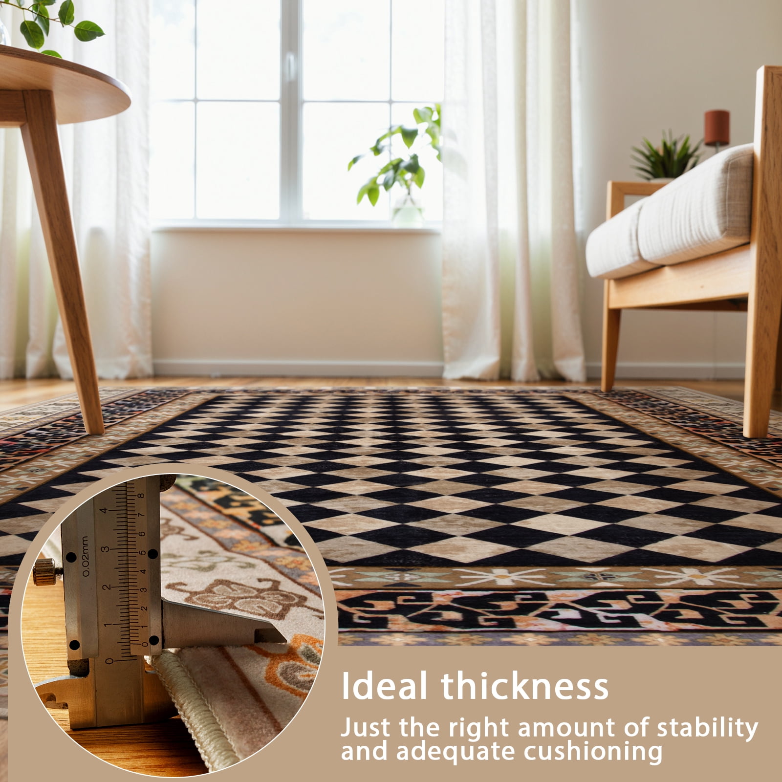 RUG ROBOT 5'x7' Area Rugs for Living Room, Non-Slip Washable Checkered Rug for Bedroom, Indoor Soft Vintage Diamond Carpet for Dining Room Home Decor, Black