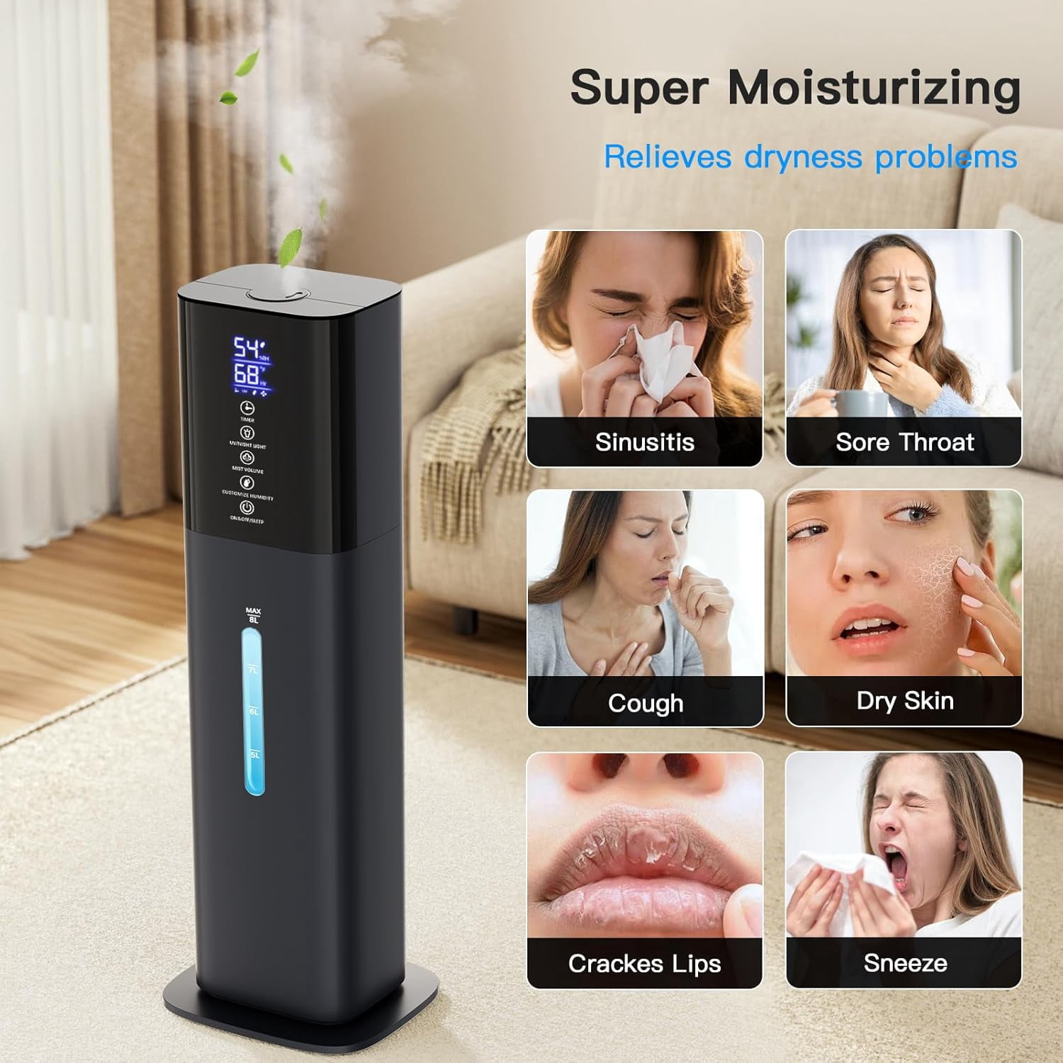 Humidifiers Large Room Bedroom with 7 Colors Light, 2.1Gal(8L) 3 Speed Quiet Ultrasonic Cool Mist Humidifier with 360° Nozzle, Humidity Setting, Timer,Aroma Box for Home Plant Baby Yoga Sleep (Black)