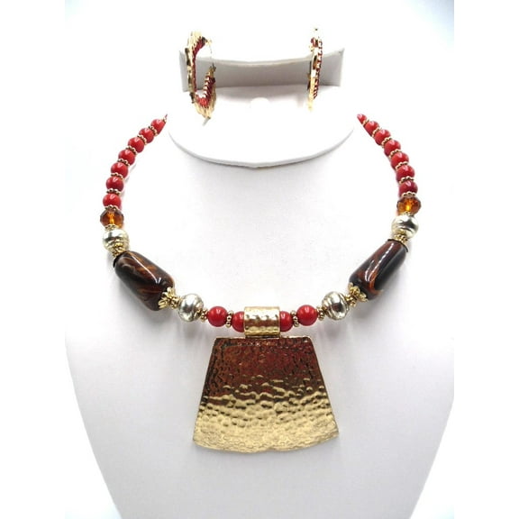 Pierced adjustable gold wire and burgundy bead necklace and earring set