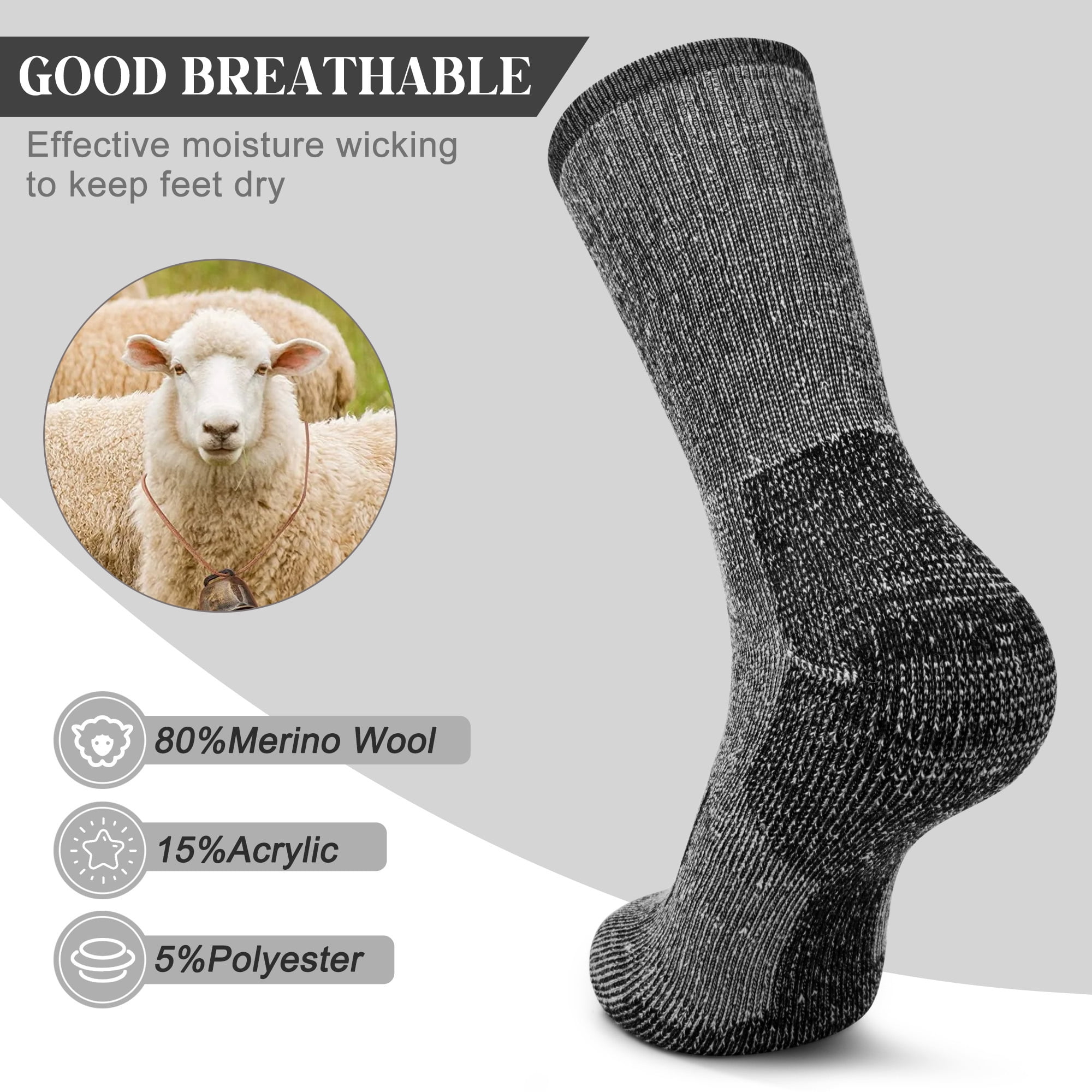 KOITHOT 3 Pack Merino Wool Socks for Men & Women, Thermal Boot Warm Hiking Socks