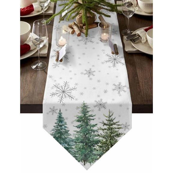 Table Runner Dresser Scarves Christmas Winter Xmas Tree Cotton Linen Burlap Table Cover Gray Snowflake on White Table Runners for Family Kitchen Dining Holiday Party Banquet Decor