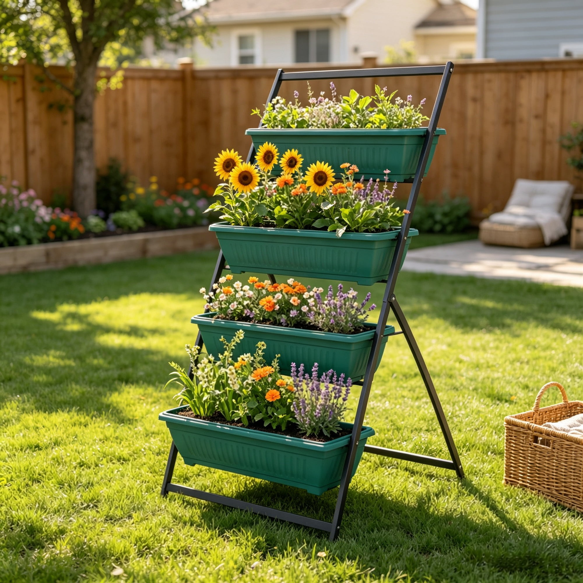 4-Tier Green Vertical Raised Garden Planter, Sturdy 4-Box Outdoor Plant Stand Grow Container for Plants