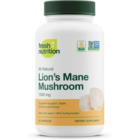 Fresh Nutrition Organic Lions Mane Mushroom Supplement 1500mg -  Strongest DNA Verified - 90 Caps